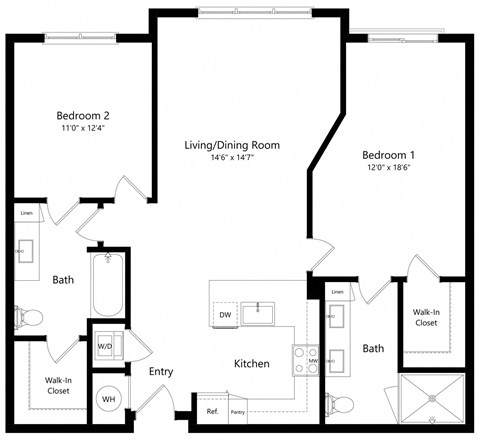 Floor plan for 2 beds, 2 baths, 1152 sqft